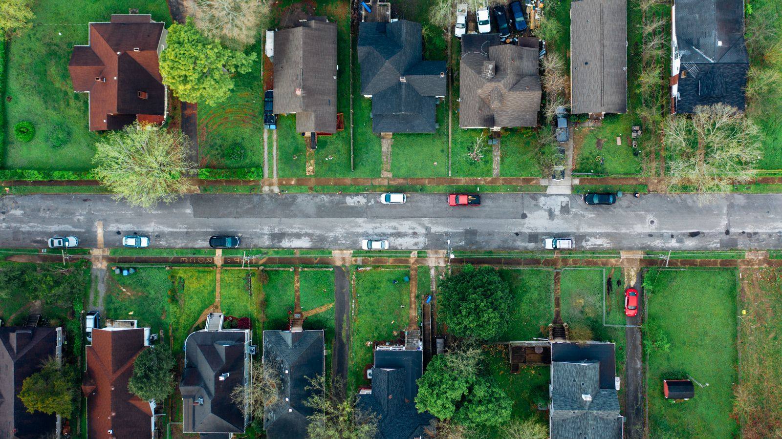 Aerial view down a residential street